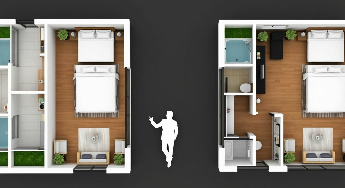Two side-by-side floor plans of modest Turkish apartments, one slightly larger with an extra 2 m² of space, depicted as a small balcony or storage area, with a person gesturing to highlight the difference.