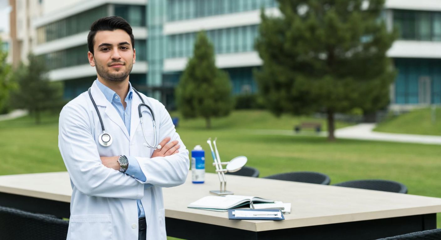 A young Turkish student in a white lab coat and stethoscope stands confidently in front of Sakarya University’s modern campus, holding a diploma while a dental mirror and medical tools rest on a nearby table.