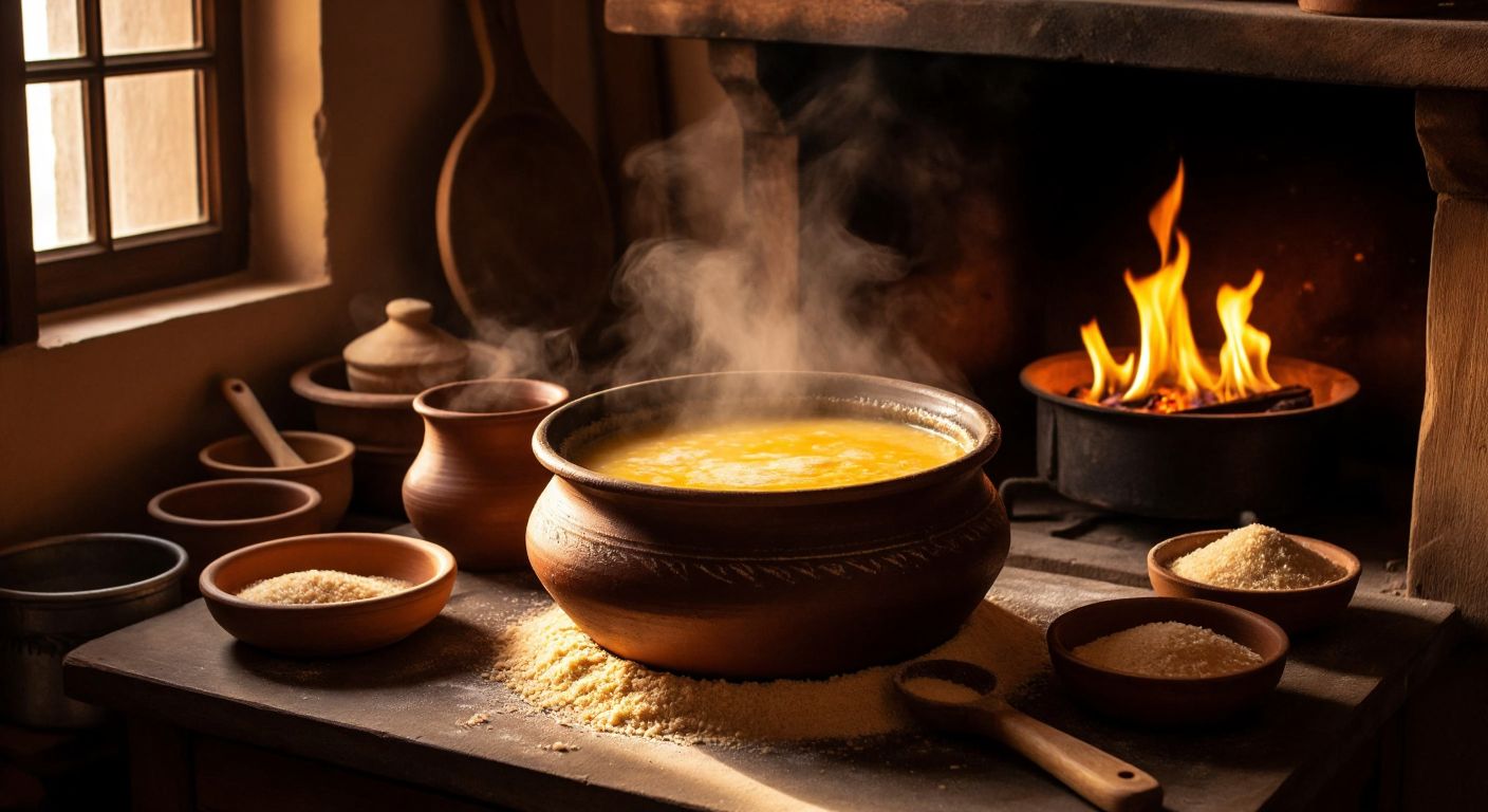 A warm Turkish kitchen with a bubbling clay pot of fermenting boza, surrounded by scattered darı irmiği (millet flour), wooden spoons, and a cozy amber glow from a traditional stove.