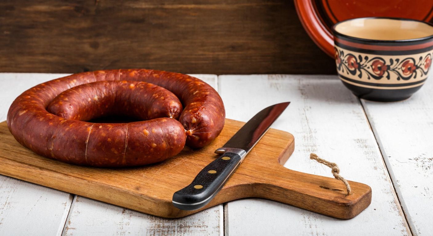 A rustic Turkish kitchen with a coiled Polonez kangal sucuk on a wooden cutting board, a knife beside it, and a traditional ceramic plate ready for serving, evoking freshness and tradition.
