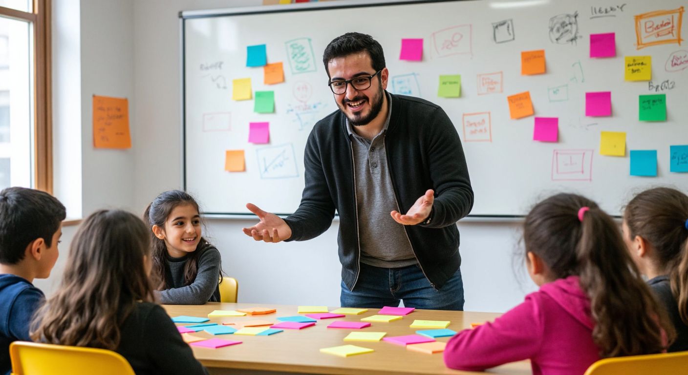 A Turkish teacher in a classroom enthusiastically guiding students through a word association game, with colorful sticky notes scattered on a wooden table and a whiteboard filled with abstract doodles behind them.