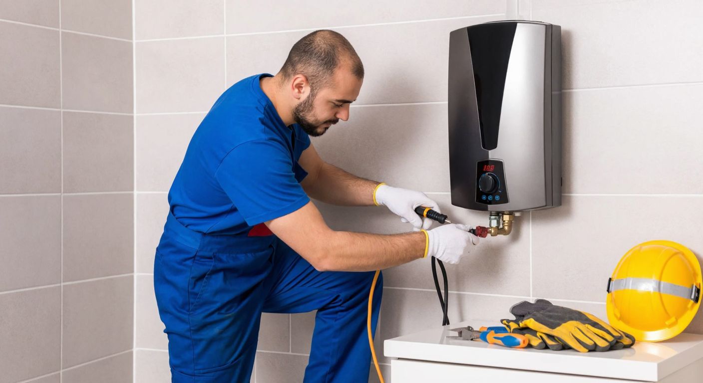 A Turkish electrician in a blue work uniform carefully connects a grounding cable to a sleek, modern instant water heater mounted on a tiled bathroom wall, with safety gloves and tools laid out nearby.