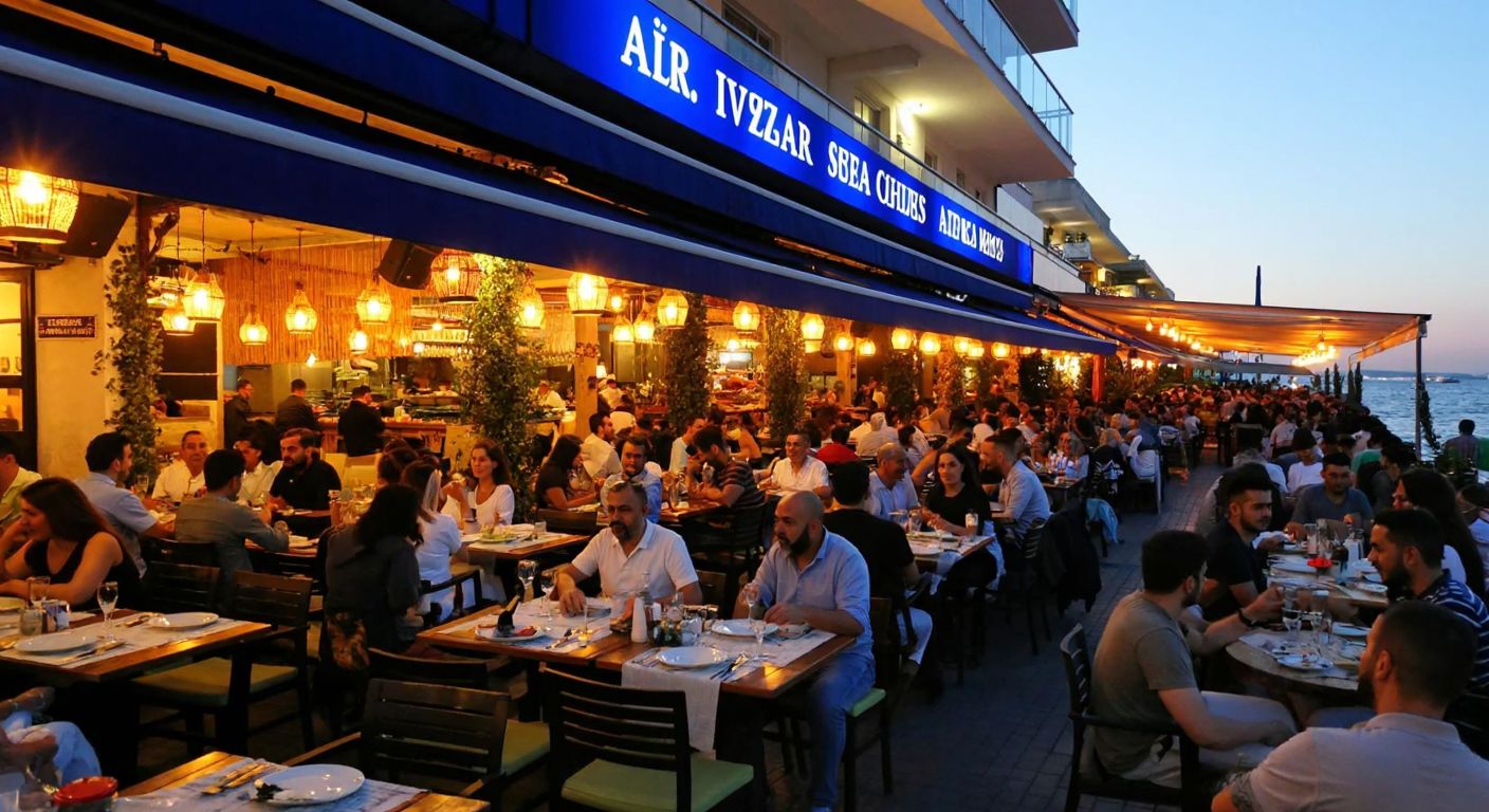 A bustling seafood restaurant in Avcılar with a vibrant blue awning, filled with locals enjoying grilled fish and meze dishes, surrounded by the warm glow of hanging lanterns and the aroma of fresh herbs.