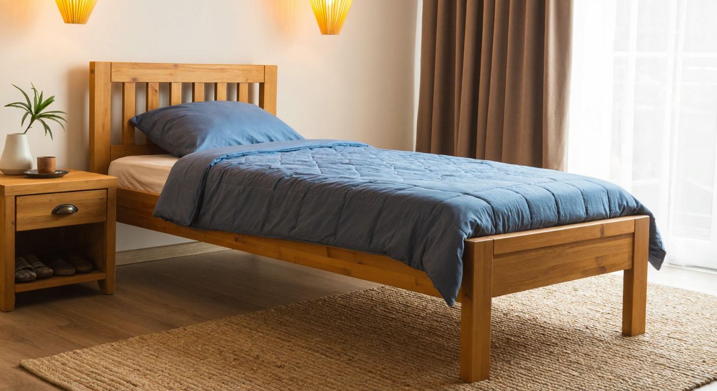 A sturdy single bed (90x190 cm) with a simple wooden frame and a neatly made blue quilt, placed in a cozy Turkish bedroom with warm lighting and a woven rug on the floor.