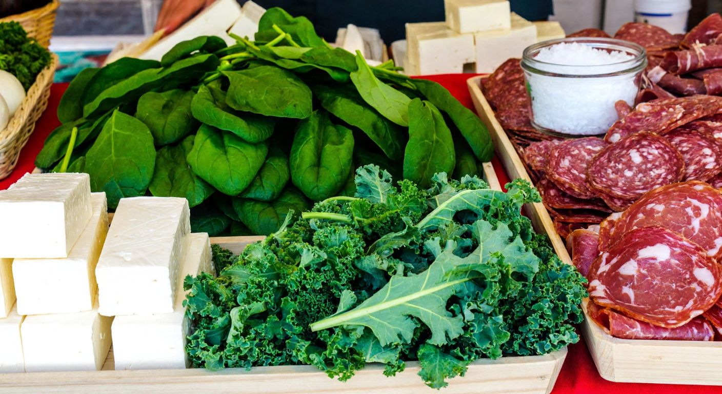 A vibrant Turkish market stall displays fresh green leafy vegetables like spinach and kale alongside blocks of white cheese and cured meats, with a small bowl of salt and a jar of pickles nearby.