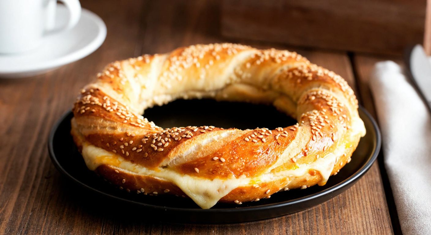 A warm, golden-brown peynirli simit from Starbucks sits on a rustic wooden table, with melted cheese peeking out between the sesame-crusted layers, evoking a cozy café atmosphere in Turkey.
