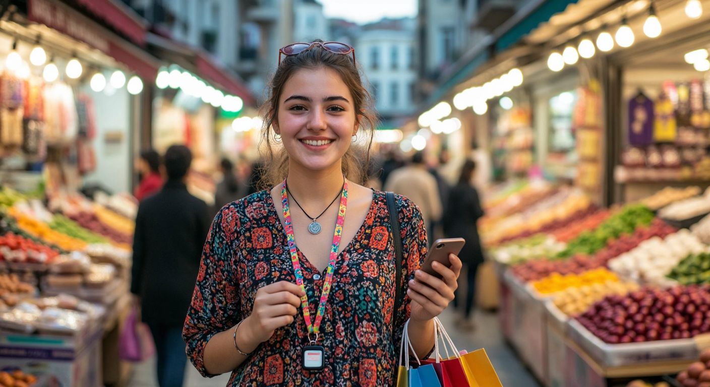 A young woman in a bustling Istanbul market smiles confidently while wearing a colorful phone lanyard around her neck, her hands free to carry shopping bags as her phone dangles securely against her patterned blouse.