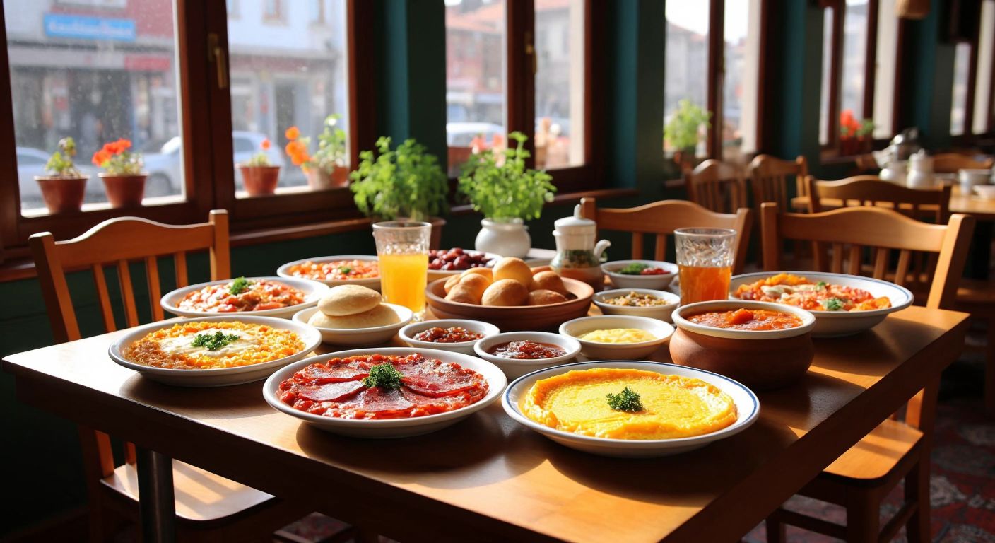 A bustling Istanbul breakfast table laden with colorful plates of menemen, bal kaymak, homemade jams, pastırma, and kuymak, surrounded by warm wooden chairs and the glow of morning light filtering through a traditional café window.