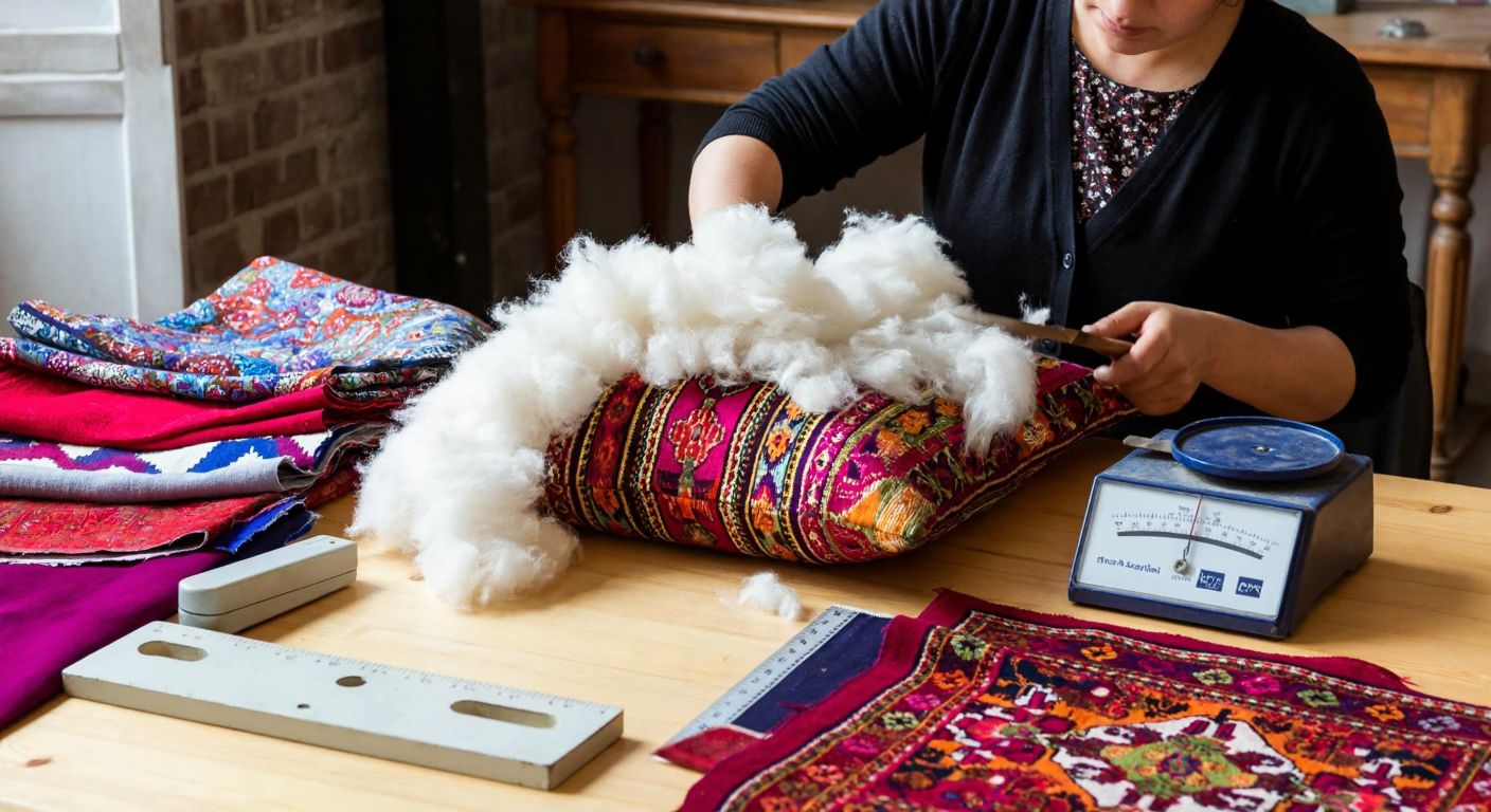 A Turkish artisan carefully stuffing a vibrant, patterned cushion with fluffy white fiber, surrounded by colorful fabric scraps and measuring scales on a wooden table.