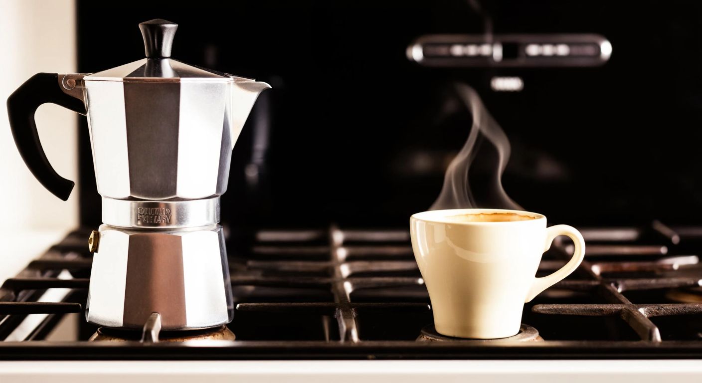 A gleaming Bialetti Moka Pot sits on a stovetop beside a small, white ceramic espresso cup with steam rising from freshly brewed coffee, evoking the warmth of Italian coffee culture.
