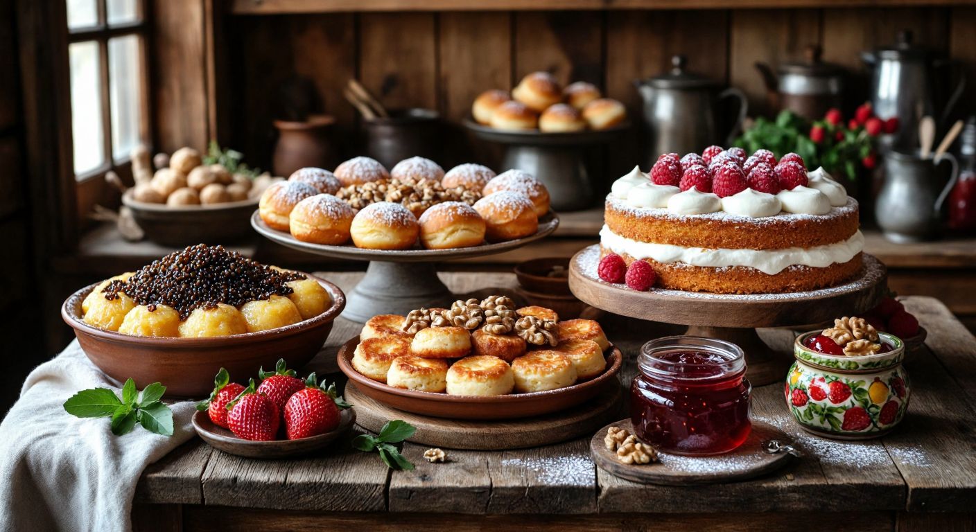 A rustic wooden table in a cozy Ukrainian kitchen displays an array of traditional sweets: a bowl of golden Kutya with poppy seeds and honey, fluffy Pampuşki dusted with sugar, sizzling Sırniki topped with sour cream, a layered Torte with walnuts, a jar of glossy Varennya filled with strawberries, and vibrant Zhele jellies in fruit shapes.