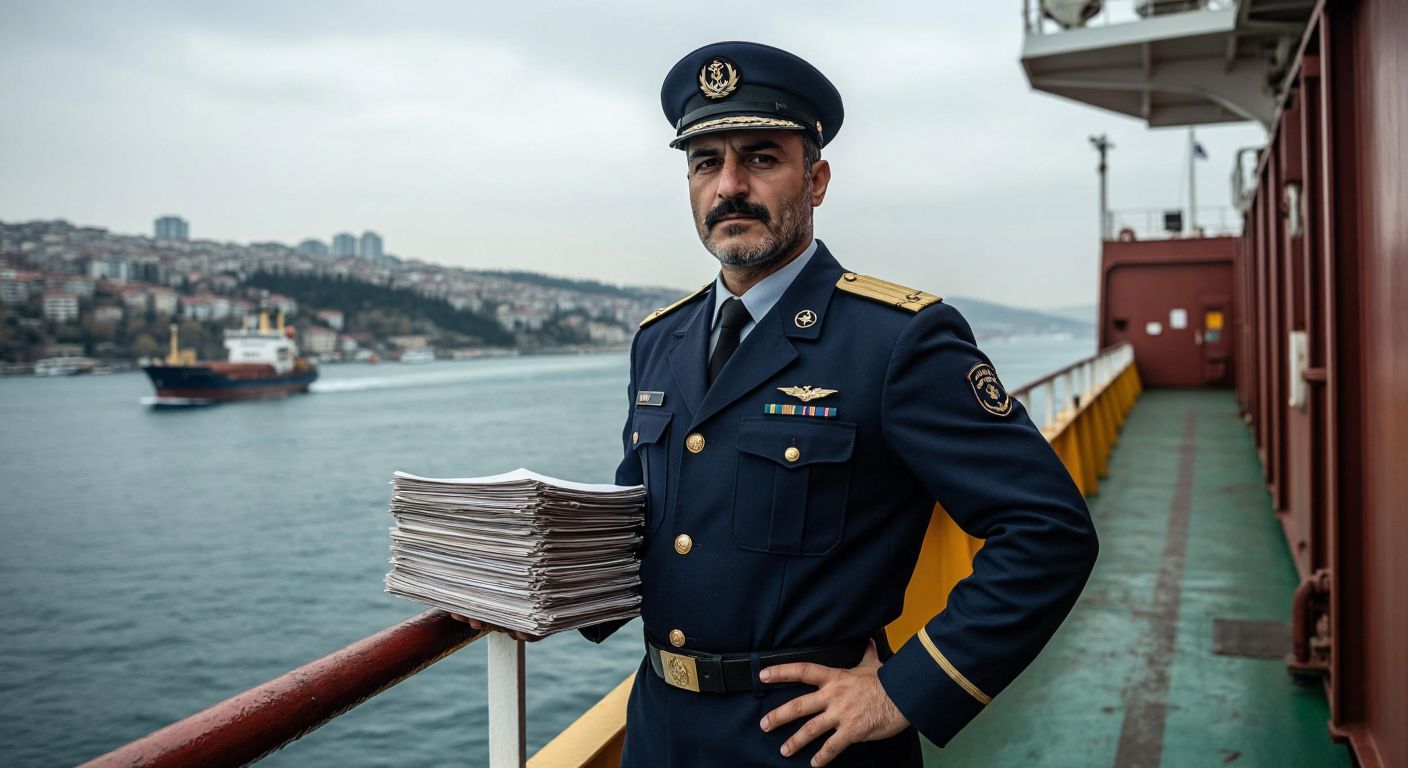 A weathered Turkish sea captain in a navy-blue uniform stands confidently on the deck of a cargo ship, overlooking the Bosphorus Strait with a stack of contracts in hand.