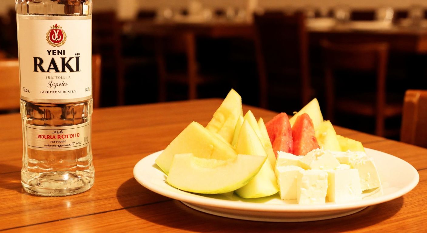 A sleek glass bottle of **Yeni Rakı Âlâ** resting on a wooden table in a dimly lit Turkish meyhane, with a plate of fresh white cheese and melon slices beside it.
