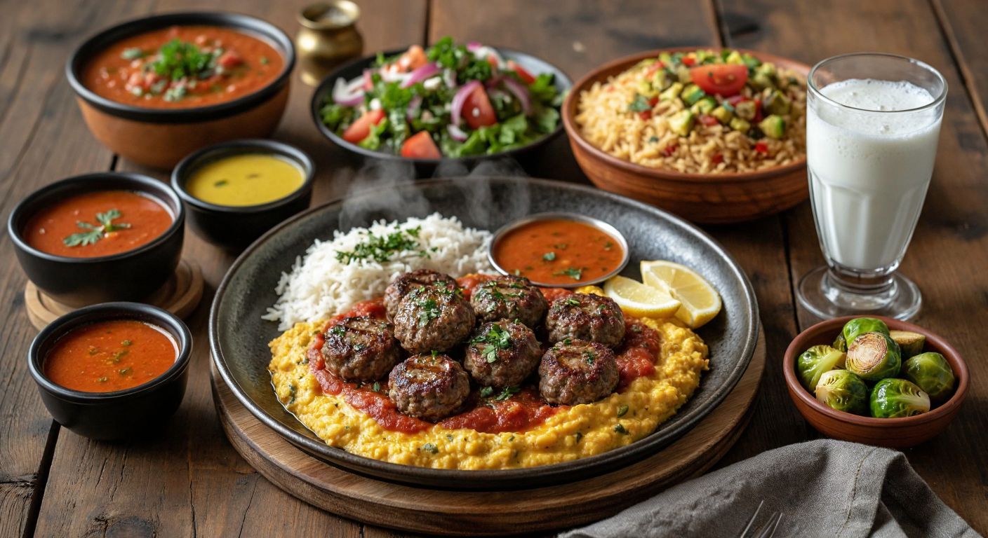 A steaming plate of beğendili köfte sits at the center of a rustic wooden table, surrounded by small bowls of tomato soup, buttery rice pilaf, a vibrant piyaz salad, and a glass of frothy ayran, with roasted eggplant and Brussels sprouts in olive oil adding color to the spread.