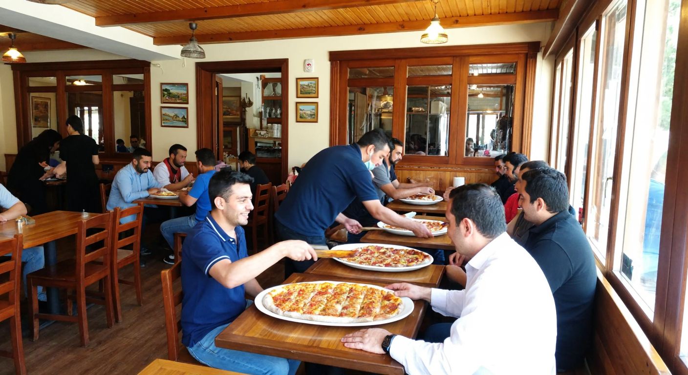 A bustling traditional Turkish pide restaurant in Milas, with Muzaffer Sabaz warmly serving golden, steaming pide to smiling customers at wooden tables.