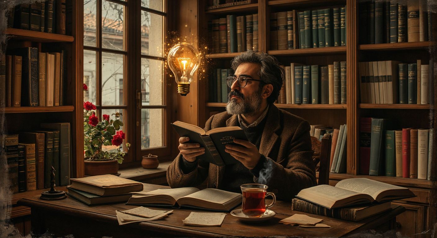 A thoughtful Turkish writer in a cozy study, surrounded by books and sipping çay, while a glowing lightbulb hovers above their head, symbolizing the birth of an essay's main idea.