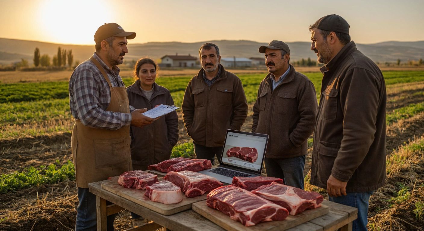 A group of Turkish farmers in a sunlit field discussing a report on red meat production, with a butcher in the background weighing cuts of meat and a laptop displaying the UKON website nearby.