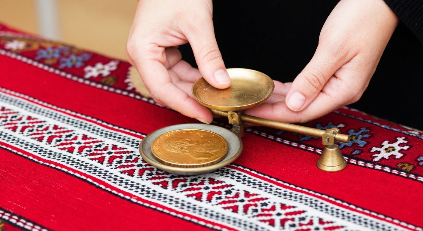 A gleaming gold coin rests on a traditional Turkish red-and-white patterned textile, with a pair of hands carefully weighing it on a small brass scale.