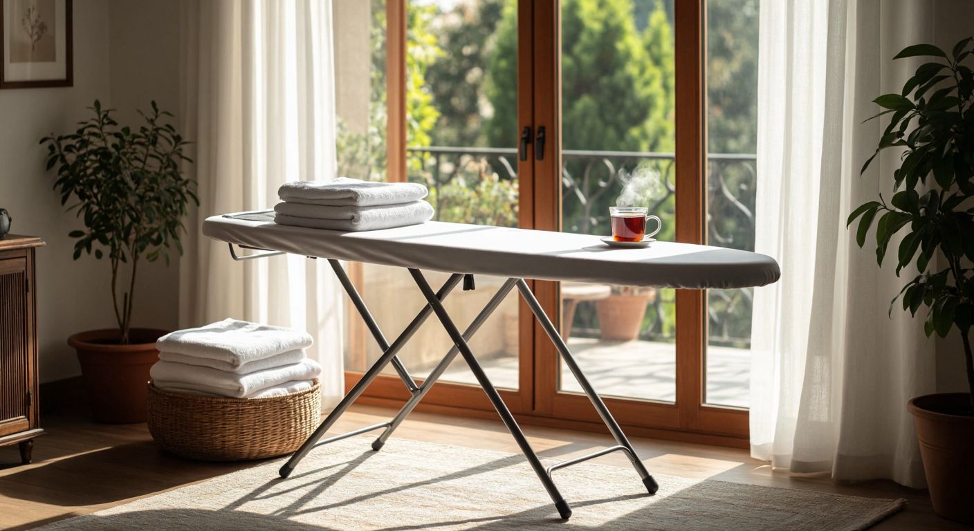 A sturdy ironing board with a sleek metal frame and smooth white padding stands in a sunlit Turkish home, surrounded by neatly folded laundry and a steaming cup of çay, conveying reliability and domestic satisfaction.