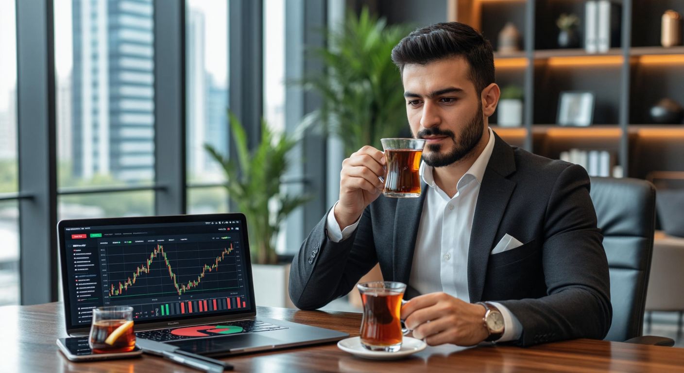 A confident Turkish businessman in a modern office reviews stock market charts on a sleek laptop while holding a cup of traditional Turkish tea, with a smartphone displaying a brokerage app nearby.