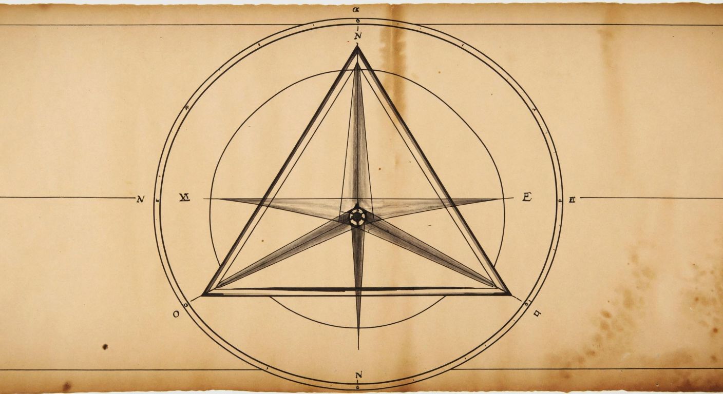 A hand-drawn triangle on aged parchment with three perpendicular bisectors intersecting at the circumcenter, surrounded by faint geometric compass marks and a dotted circle encompassing the triangle.
