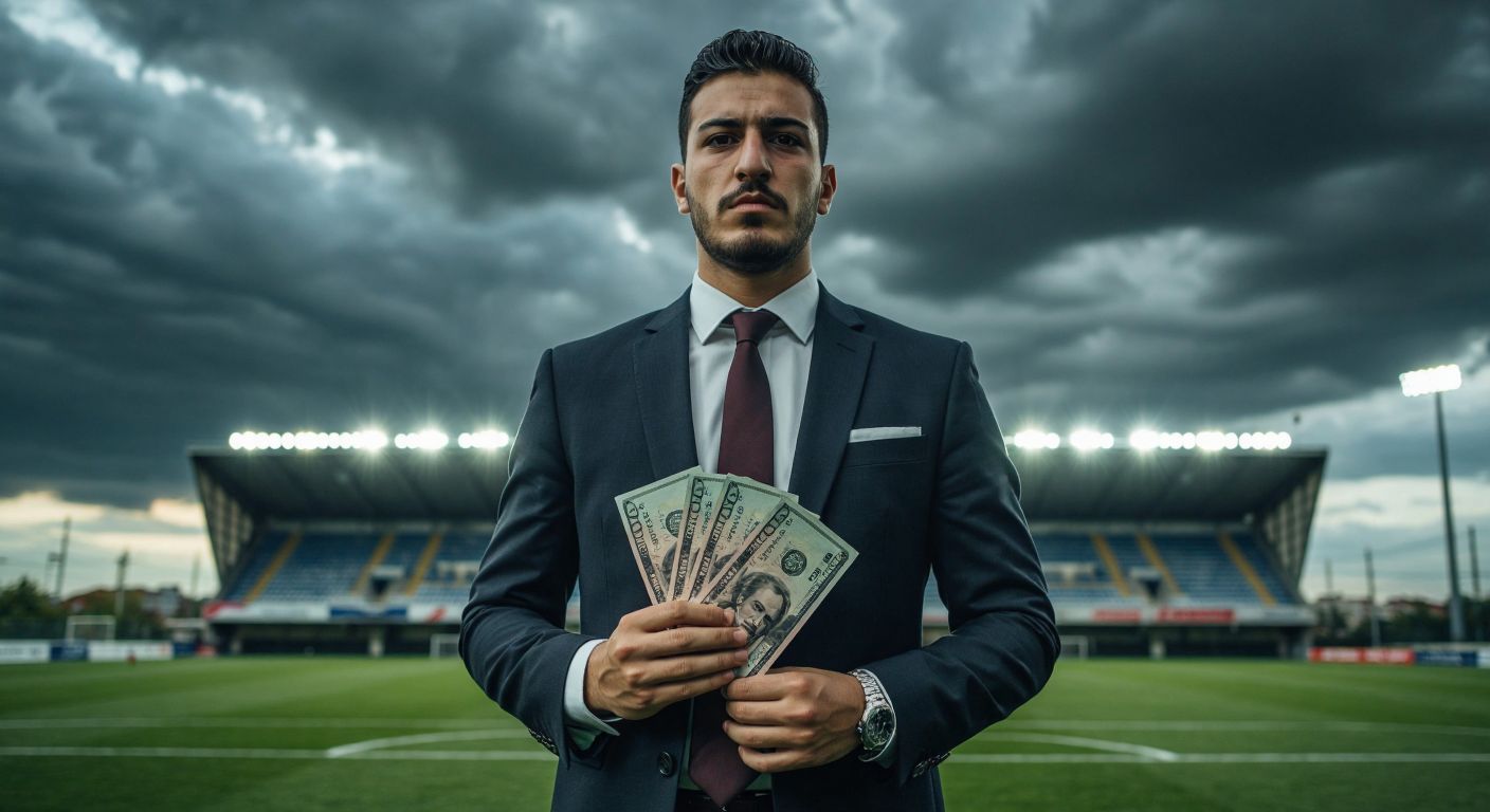 A determined Turkish businessman in a sharp suit stands on a football pitch under stormy skies, gripping a stack of British pound notes while a distant stadium looms behind him.