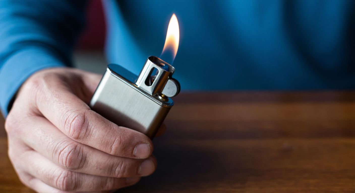 A close-up of a weathered hand holding a sleek, silver gasoline lighter, with a small, steady blue flame flickering at its tip against a dimly lit wooden table in a traditional Turkish café.