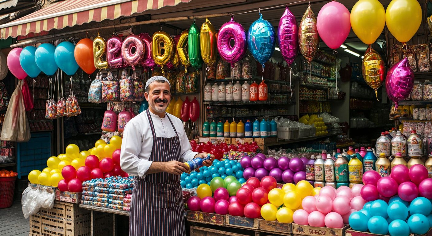 A vibrant Turkish marketplace stall overflowing with colorful latex and foil balloons, stacks of balloon gas canisters, and a smiling vendor in a traditional apron demonstrating a balloon inflator to curious customers.