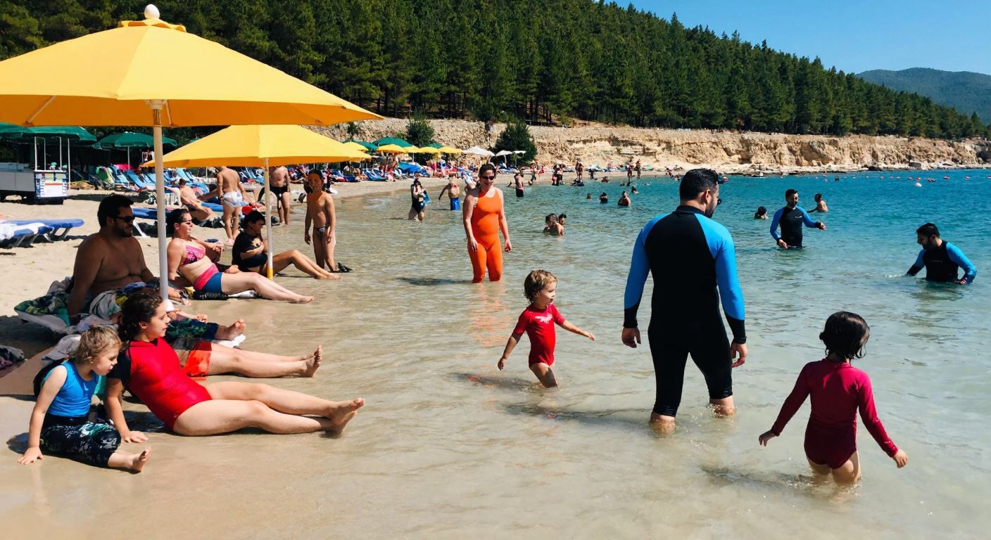A group of people wearing long-sleeved swimsuits at a sunny Turkish beach, some swimming, others lounging under umbrellas, with children playing in the shallow water.