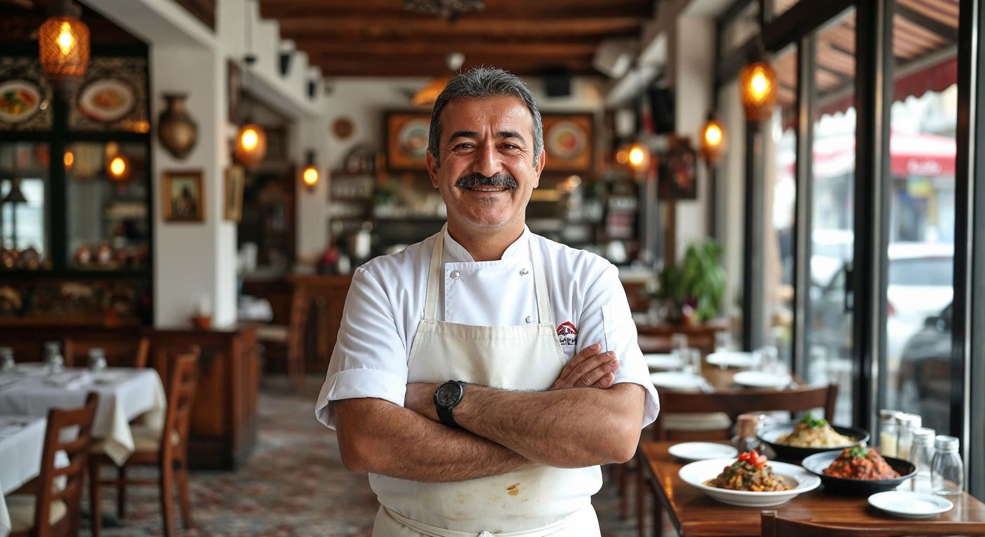 A middle-aged Turkish man with a warm smile, wearing a white chef's apron, stands proudly in front of a cozy restaurant with traditional Anatolian decor and steaming plates of home-style dishes.