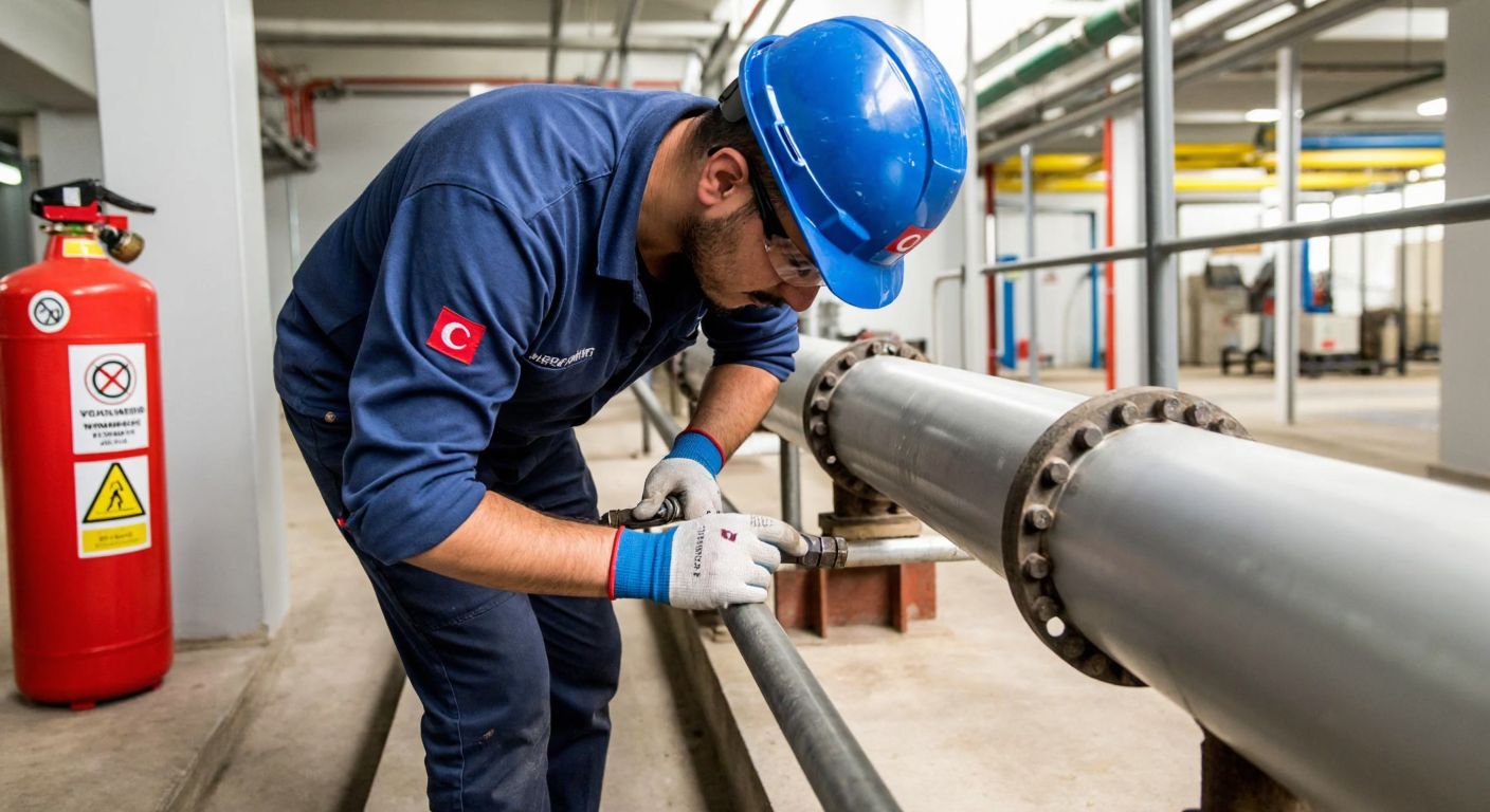 A Turkish worker in a blue hard hat and protective gloves carefully inspects a natural gas pipeline in a well-ventilated industrial setting, with a fire extinguisher and safety signs visible nearby.
