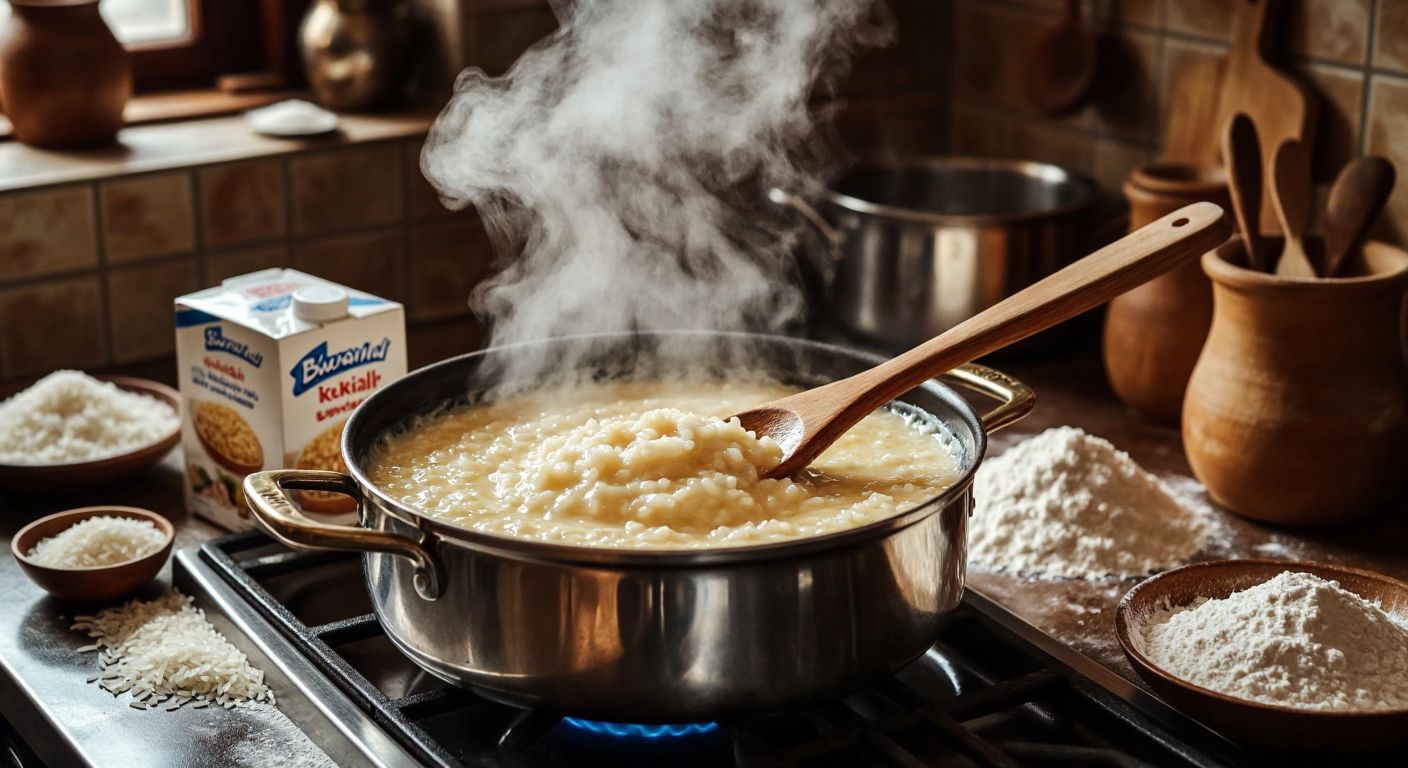 A warm Turkish kitchen with a bubbling pot of creamy rice pudding on the stove, steam rising as a wooden spoon stirs the mixture, surrounded by scattered rice flour and a carton of milk nearby.