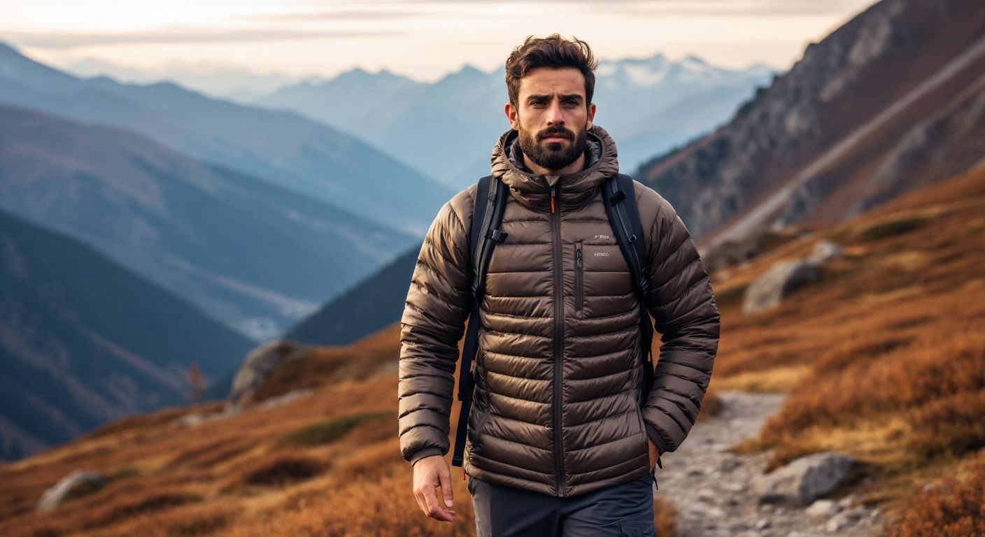 A rugged Turkish mountain landscape with a hiker wearing a puffy insulated jacket, a softshell jacket, and a layered 3-in-1 jacket, each suited for different weather conditions, showcasing versatility and warmth.