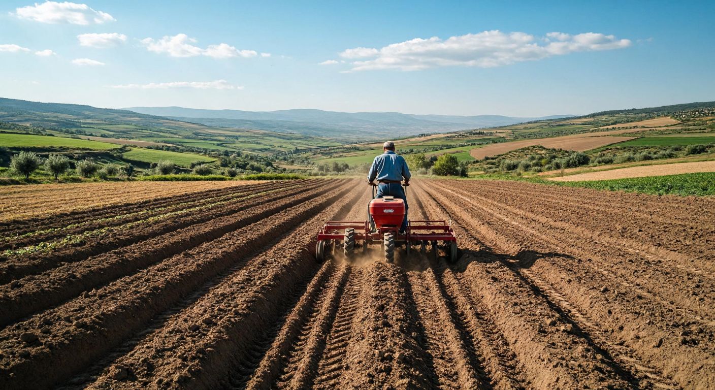 A sunlit Turkish countryside field with a farmer in traditional work clothes operating a sturdy red tiller machine, surrounded by freshly turned soil and distant rolling green hills.