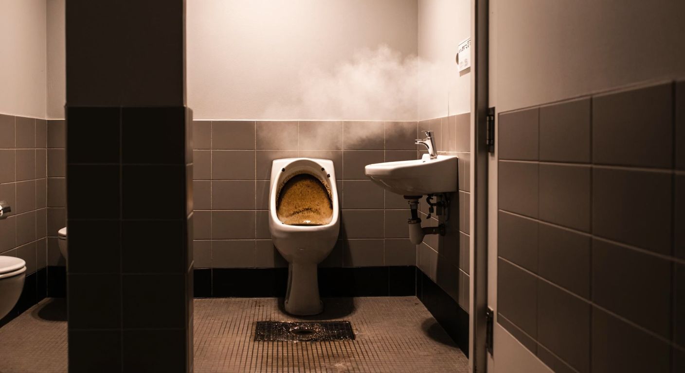 A dimly lit, tiled public restroom with a stained urinal, a clogged drain, and a faint mist of disinfectant spray lingering in the air.