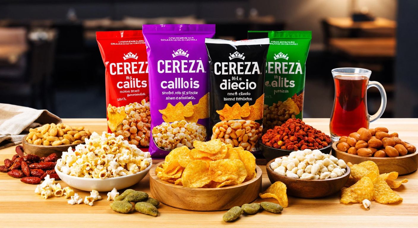A colorful display of various Çerezza snack bags—salted popcorn, spicy chips, and peanut-filled varieties—spread on a wooden table in a Turkish café, with a glass of çay in the background.