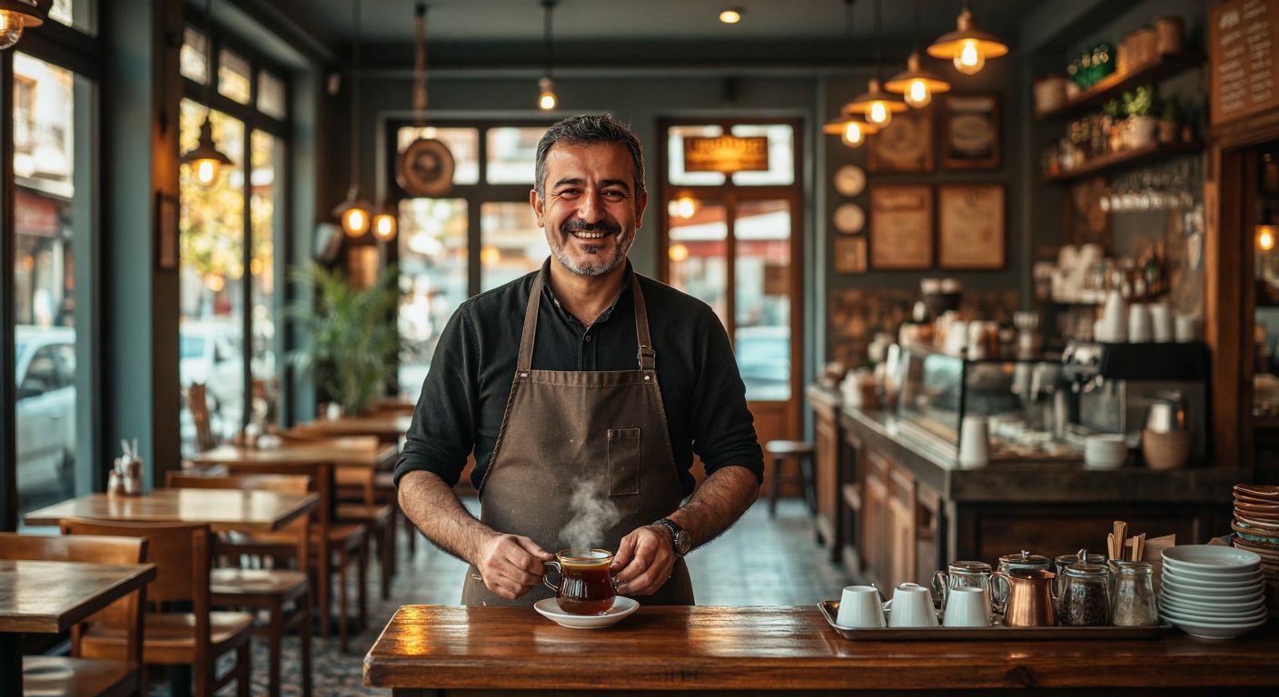 A cozy café in Turkey with warm lighting, wooden tables, and a smiling middle-aged man (Hüseyin Aytaş) wearing an apron, standing proudly behind the counter while serving a steaming cup of Turkish coffee.