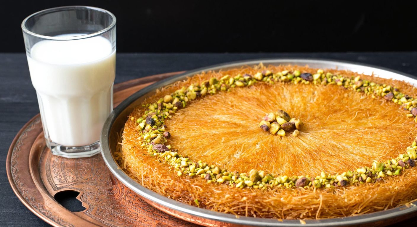 A golden-brown tray of shredded kadayıf drizzled with syrup, sprinkled with crushed walnuts and pistachios, resting on a traditional Turkish copper tray with a glass of milk beside it.