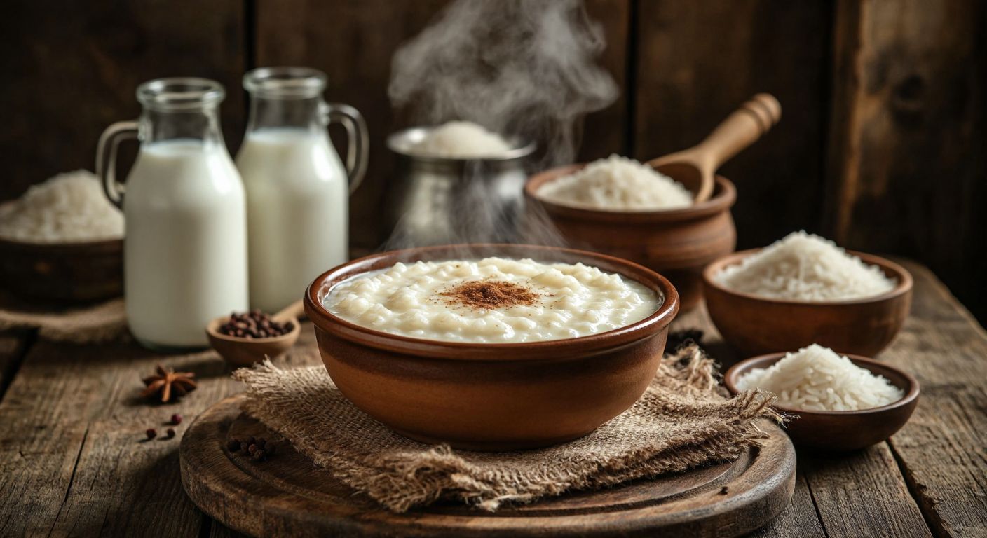A steaming bowl of creamy Hamsiköy rice pudding, garnished with a sprinkle of cinnamon, sits on a rustic wooden table surrounded by fresh milk jugs and local rice sacks in a traditional Turkish village kitchen.