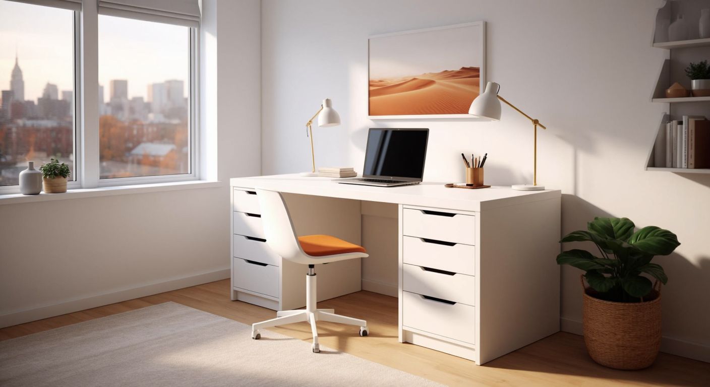 A sleek white IKEA ALEX desk with smooth laminate surfaces, sturdy particleboard construction, and neatly arranged drawers, placed in a minimalist modern room with warm natural light.