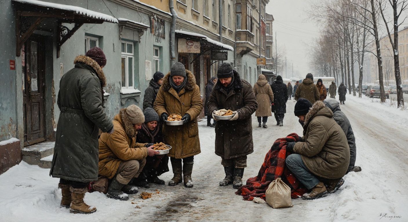 A snowy street in Russia where volunteers in thick coats hand out warm meals and blankets to grateful homeless individuals huddled near a shelter.