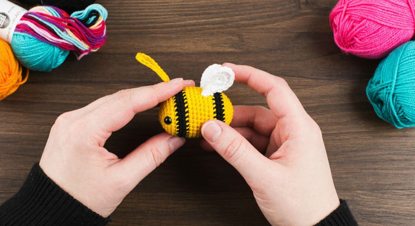 A pair of hands carefully crocheting a small, plush yellow-and-black striped bee keychain with tiny wings and a loop for attaching keys, resting on a wooden table with colorful yarn balls nearby.