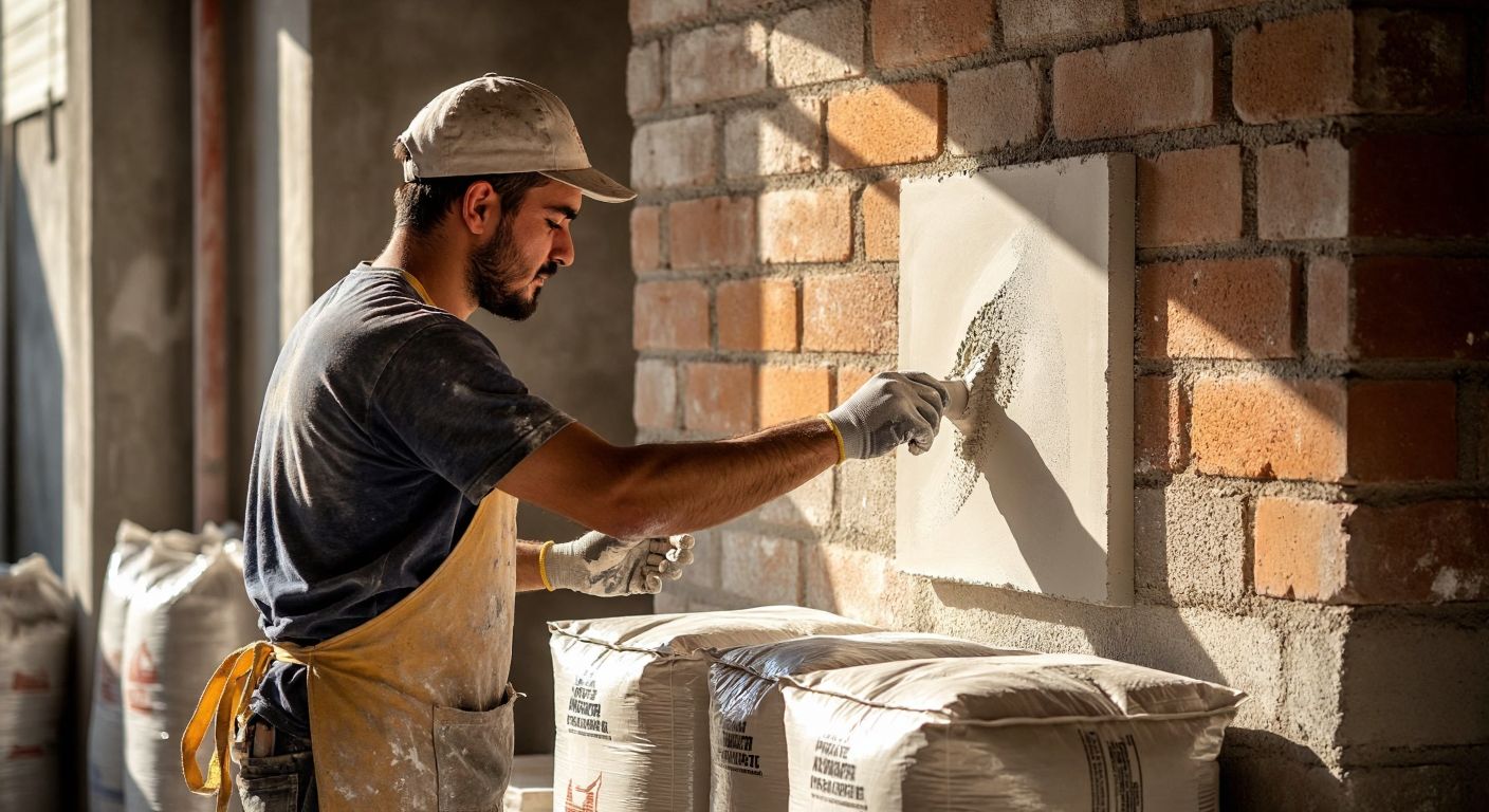 A Turkish construction worker in a dusty apron carefully applies smooth gypsum plaster to a brick wall, with bags of high-quality plaster powder stacked nearby under warm sunlight.
