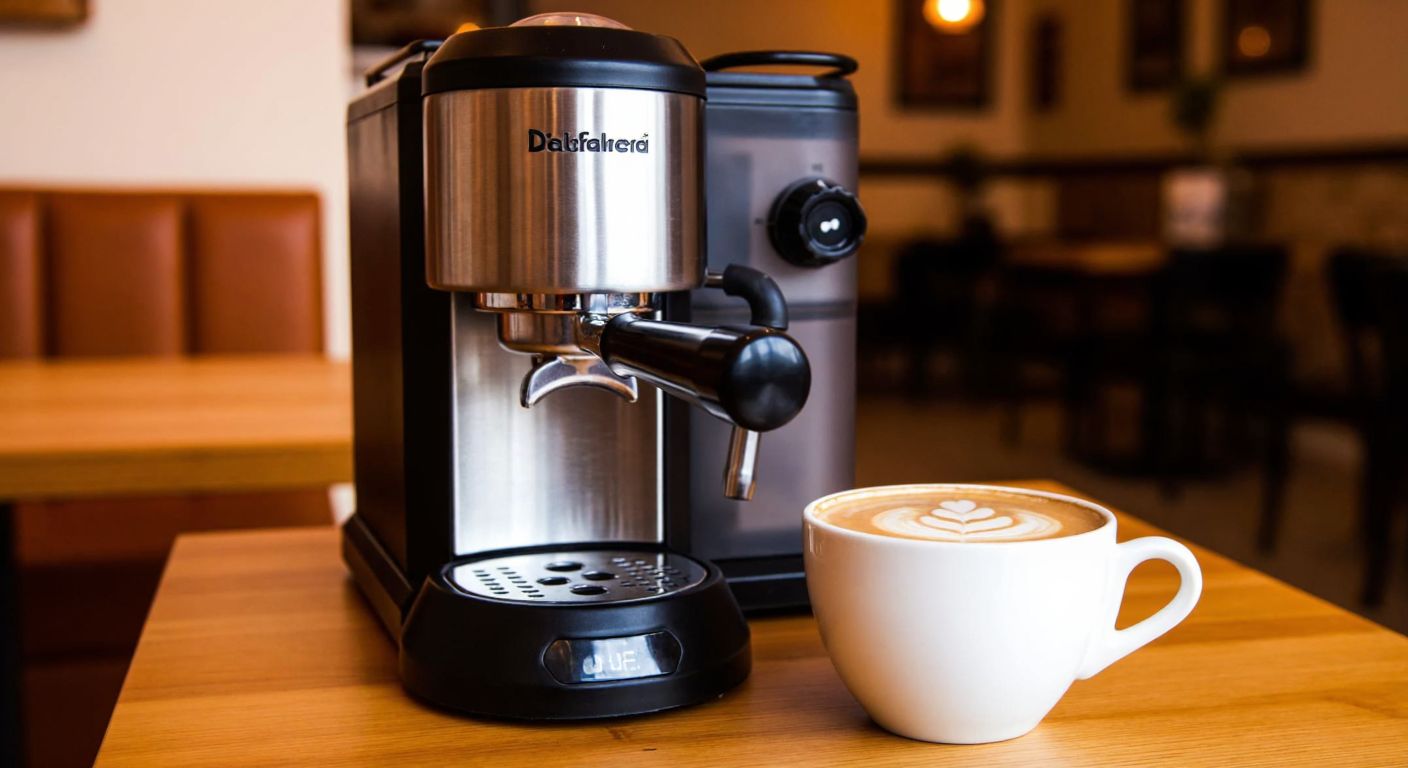 A sleek espresso machine sits beside a steaming cup of cappuccino with creamy foam, both placed on a wooden table in a cozy Turkish café.