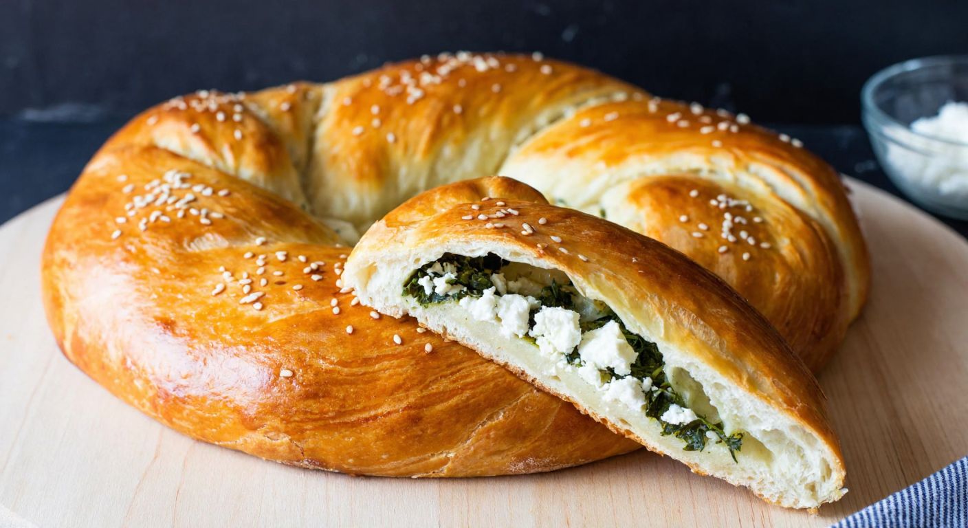 A golden-brown Balkan çöreği, freshly baked and glistening with butter, sits on a wooden table, its flaky layers revealing a filling of crumbled white cheese, parsley, and a hint of tomato paste, with sesame seeds sprinkled on top.