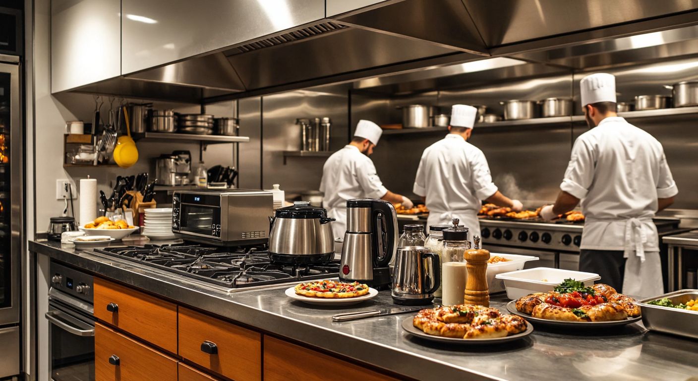 A modern Turkish kitchen countertop cluttered with electronic appliances like a blender, toaster, and coffee maker, alongside a bustling industrial kitchen scene with chefs in white uniforms working around large stainless steel stoves and ovens.