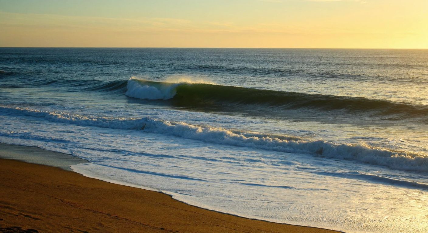 A serene coastal scene with a single, gentle wave rolling onto a sandy shore under a golden sunrise, symbolizing the beginning of a new trend or era.