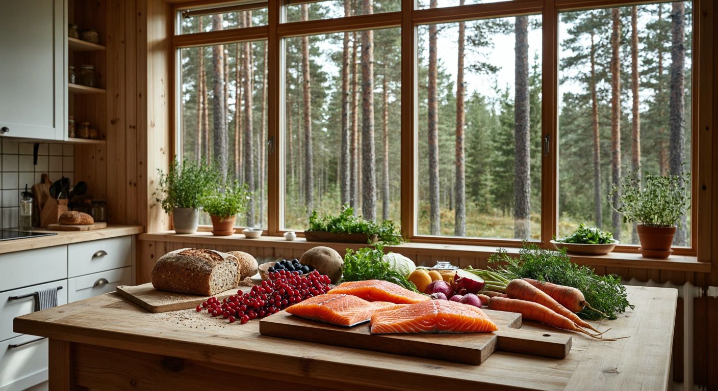 A wooden table in a Scandinavian-style kitchen is set with fresh salmon fillets, whole-grain rye bread, root vegetables, and wild berries, bathed in soft natural light from a large window overlooking a pine forest.