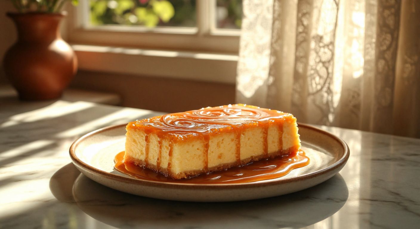 A golden-brown slice of trileçe drizzled with caramel sauce sits on a ceramic plate, garnished with delicate sugar swirls, resting on a marble countertop in a cozy Turkish kitchen with warm sunlight streaming through lace curtains.