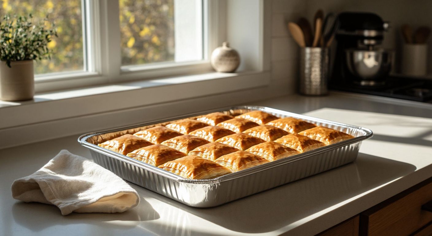 A shiny aluminum baklava tray sits on a sunlit kitchen counter, freshly washed and lightly greased, with a soft cloth resting beside it, ready for layers of golden pastry and nuts.